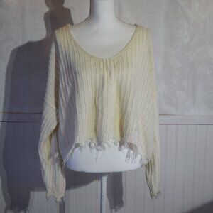 Freshman Cream Distressed V-Neck Cropped Knit Sweater - Size XL